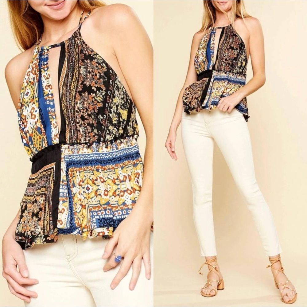 Free People Bellini Patchwork Tank Top Halter Neck Cutout Black Combo EU…